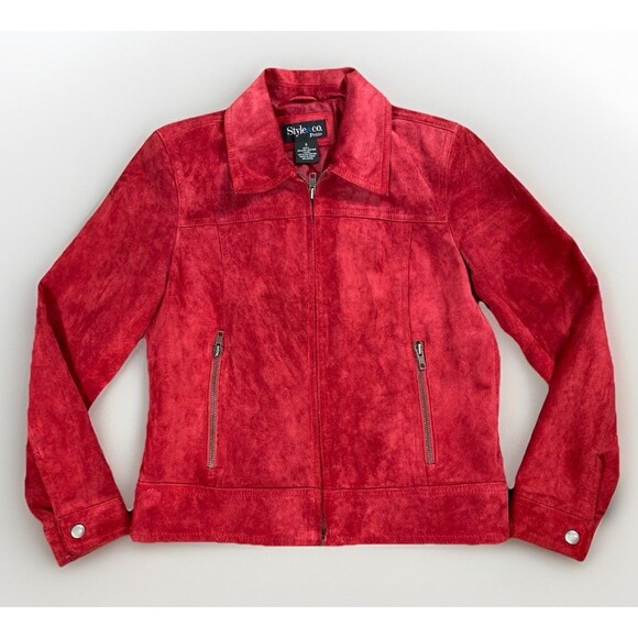 Vintage 90s Style & Co. Red Suede Zip Up Collared Jacket Women’s Petite Size S - Picture 1 of 6